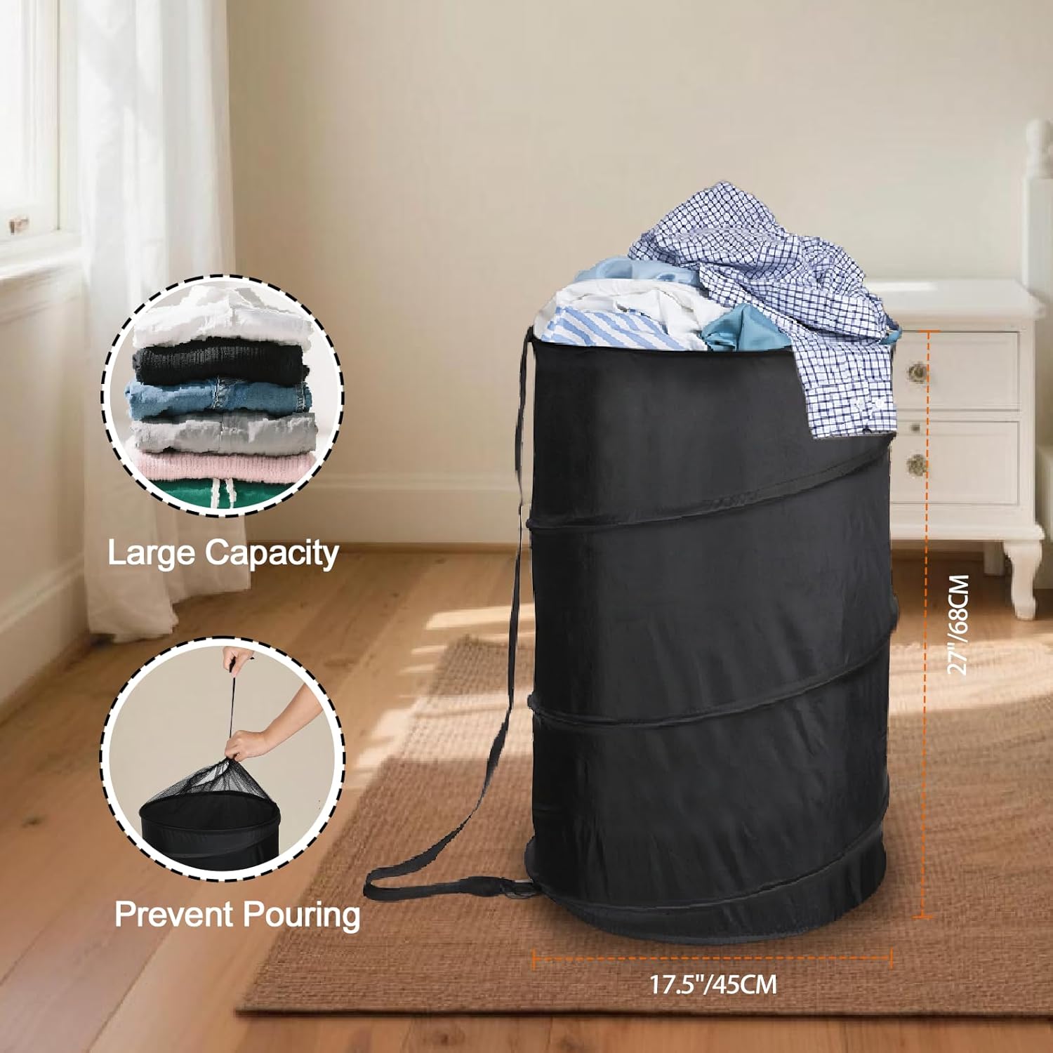 Extra Large 107L Strong Laundry Hamper 17.5" x 27" Collapsible Laundry Baskets with Long Straps Drawstring Barrel Foldable Hamper for Laundry Room, Bathroom โ image 5