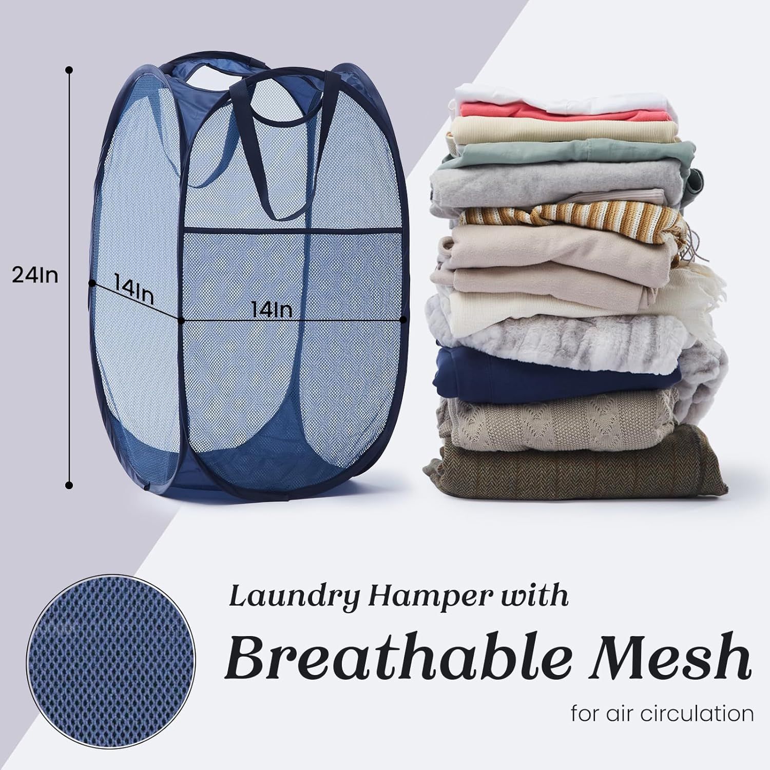 Collapsible Pop Up Laundry Basket, Hamper with Sturdy Handles and Side Pocket - Mesh Portable Foldable Dirty Clothes Hamper for Dorm, Laundry room, Bathroom — image 2