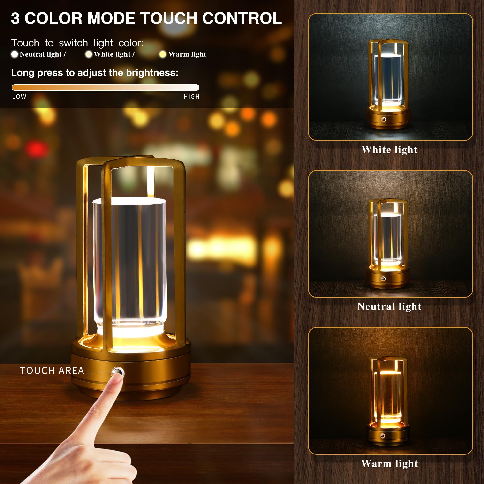 Portable Metal Table Lamp,Cordless Table Lamp,Battery Operated, 3 Light Colors, for Restaurant/Bedroom/Bars/Outdoor Party/Camping/Coffee Shop Atmosphere Night — image 3