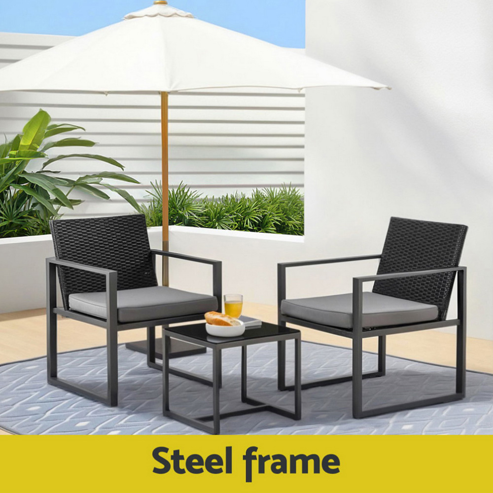 Gardeon 3PC Outdoor Bistro Set Patio Furniture Wicker Dining Chairs Table Cushion Black โ image 4