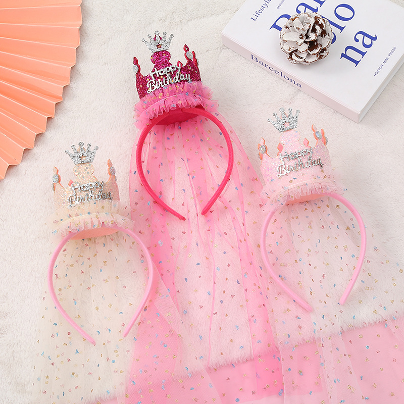 Rose red 2-Pack Tulle Crown Headbands with "Happy Birthday" Sparkle Design for Kids – Princess Party Hair Accessories — image 2
