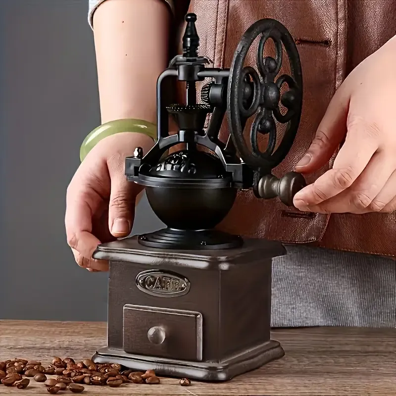 Vintage Solid Wood Manual Coffee Grinder – Cast Iron Carved, Adjustable Grind, Pull-Out Drawer, No Mess, Perfect for Pour-Over & French Press, Retro Home Decor