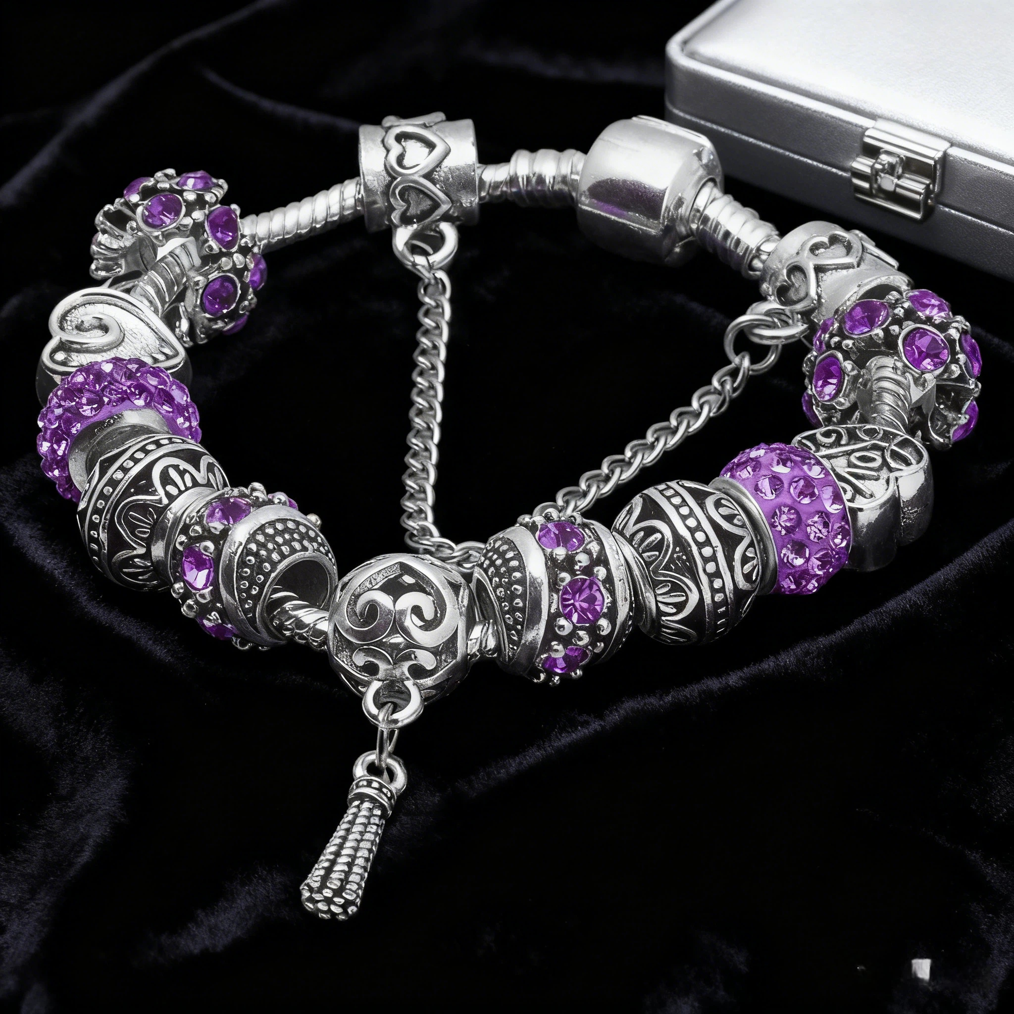 Women’s Vintage Silver-Plated Charm Bracelet - Crystal-Embedded Hollow Carved Multi-Bead Fashion Jewelry(purple-17cm) — image 3