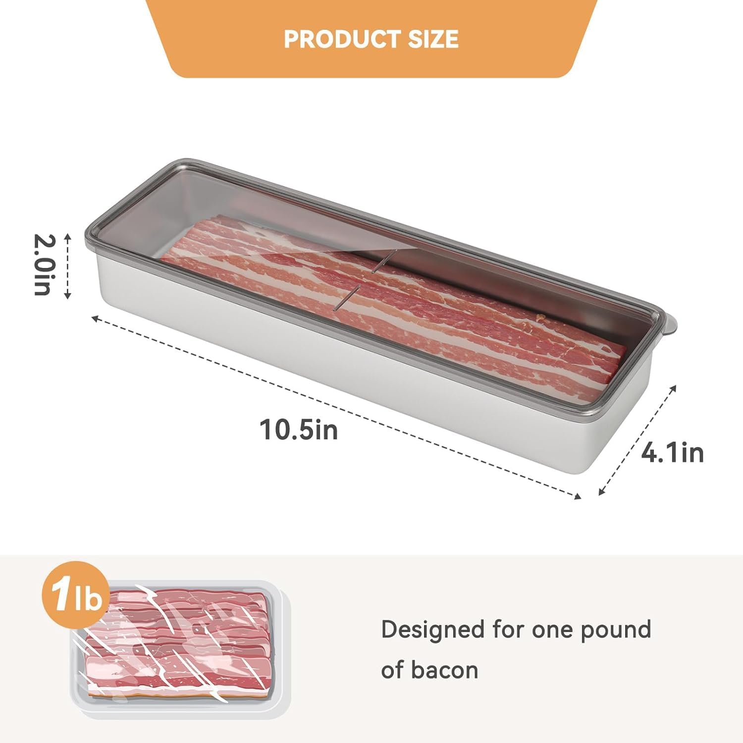Bacon Container for Refrigerator, 1 Pack 304 Stainless Steel Airtight Deli Meat Storage Container for Fridge Dishwasher Safe Long Kitchen Food Storage — image 2