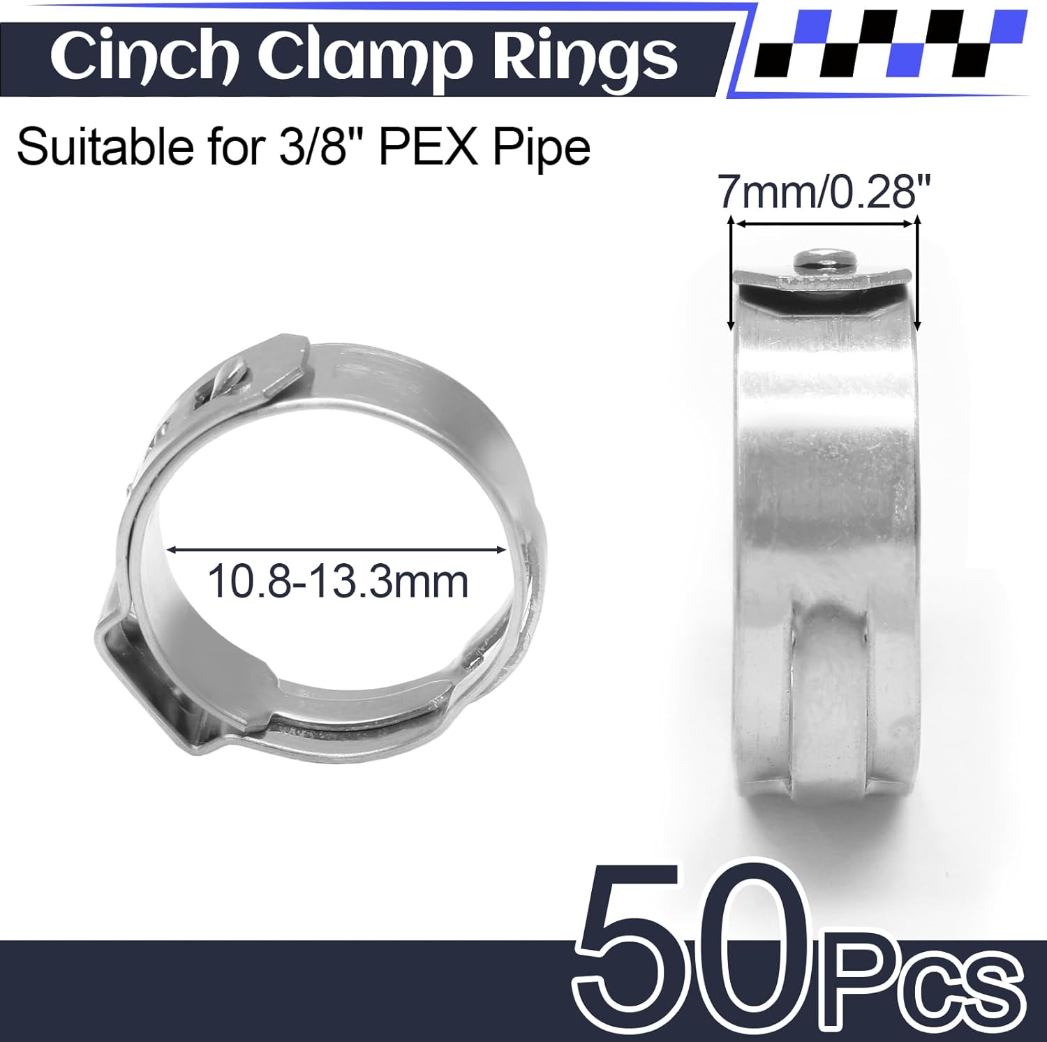 Biaungdo 50 Pcs 3/8 Inch PEX Cinch Clamps Crimp Rings, 304 Stainless Steel PEX Cinch Crimp Rings Pinch Clamps Single Ear Hose Clamp for PEX Tubing Pipe — image 4