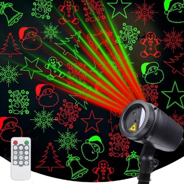 Christmas Laser Projector Lights with Remote Control, Red & Green LED Star Laser Projection Lamp, Waterproof Outdoor Xmas Decor Light with Santa Snowflake Tree