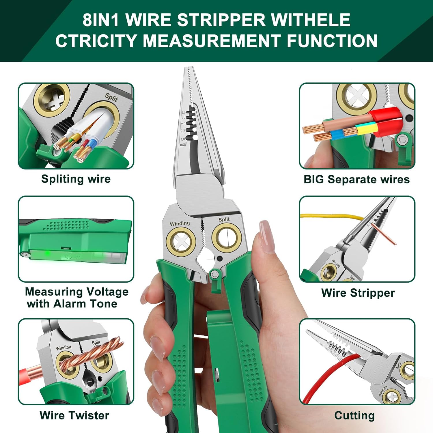 Pro 8-in-1 Wire Stripper/Cutter with Voltage Tester & Dual Alarms - Heavy Duty 12-250V AC/DC Electrical Tester for Hot/Neutral Wires - Electrician, HVAC, Car — image 2