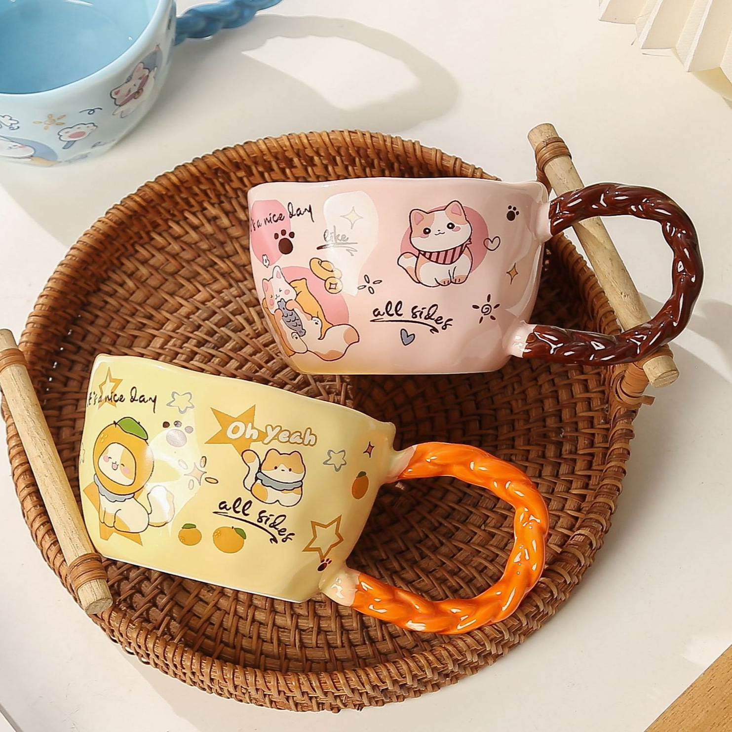 Whimsical Cat & Friends Ceramic Mug - 320ml with Unique Twisted Handle (pink) โ image 4