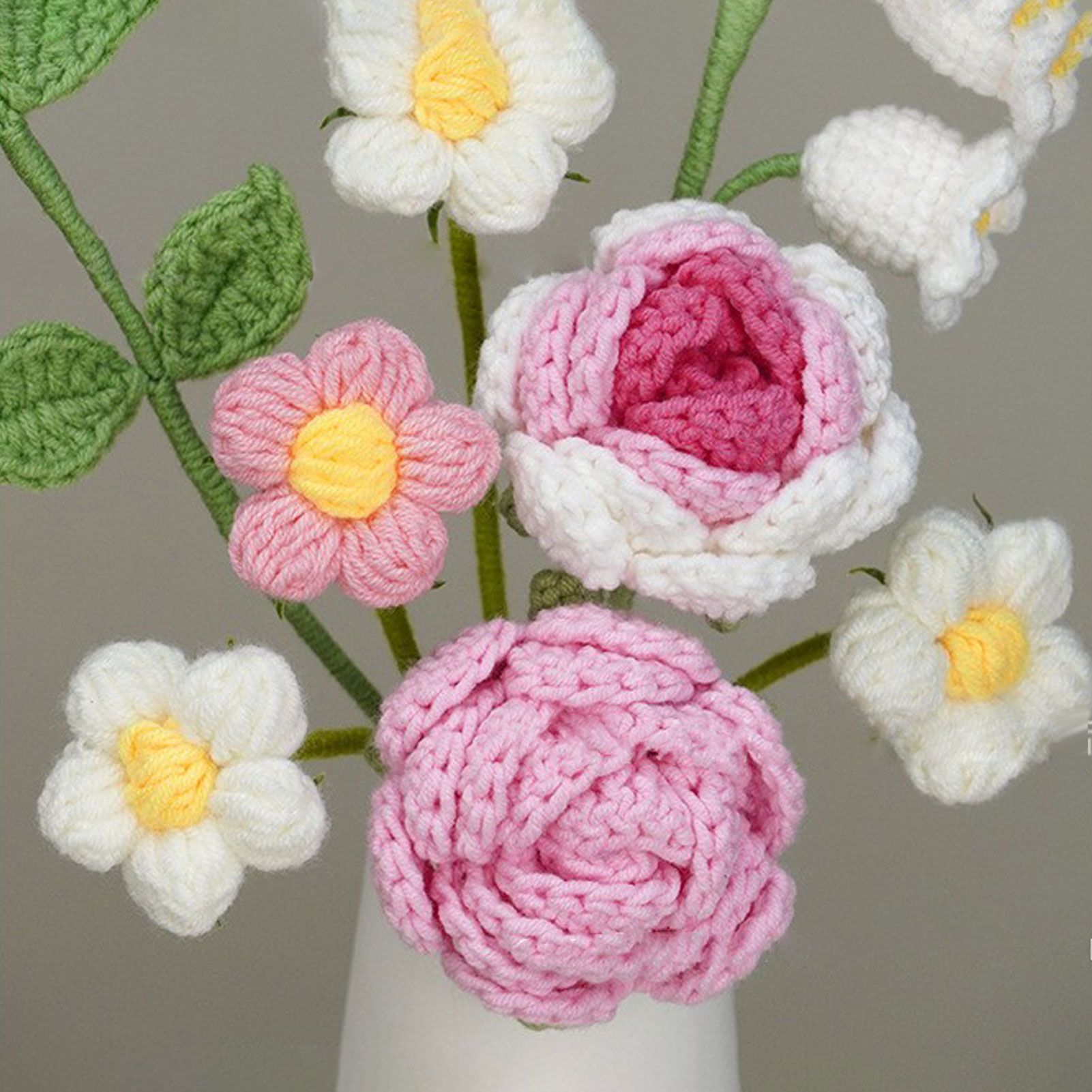 Simulation Woolen Flower Handmade Knitting Artificial Flower Crochet Knitted Flower with Ceramic Vase Table Flower Gift — image 4