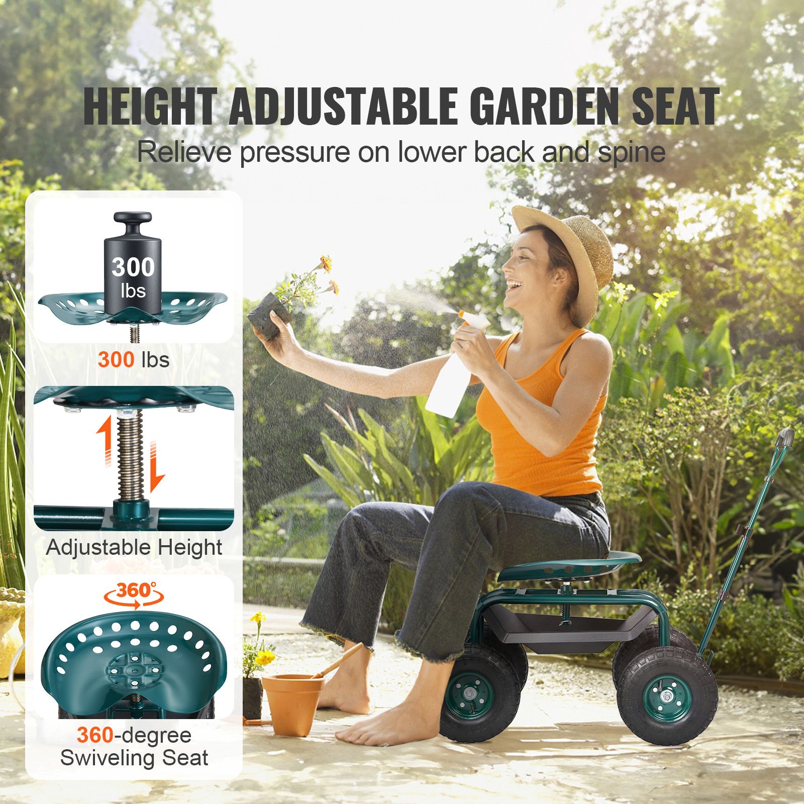 Garden Cart Rolling Workseat with Wheels, Gardening Stool for Planting, 360 Degree Swivel Seat, Wagon Scooter with Steering Handle & Utility Tool Tray, Use for — image 2