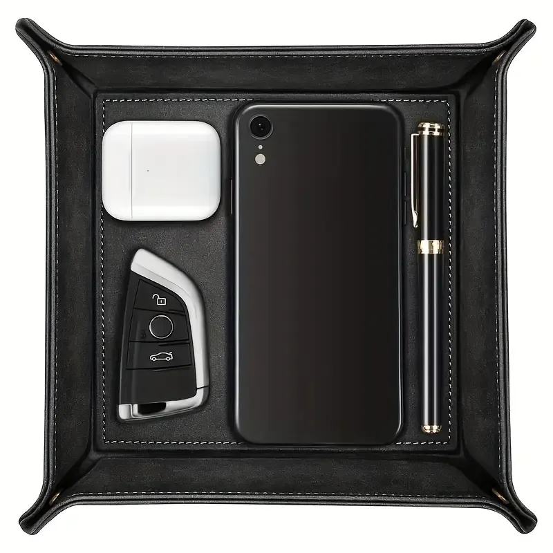 Foldable PU coin tray, minimalist luxury foldable portable, stores desk & entryway items, practical and exquisite!/BLACK
