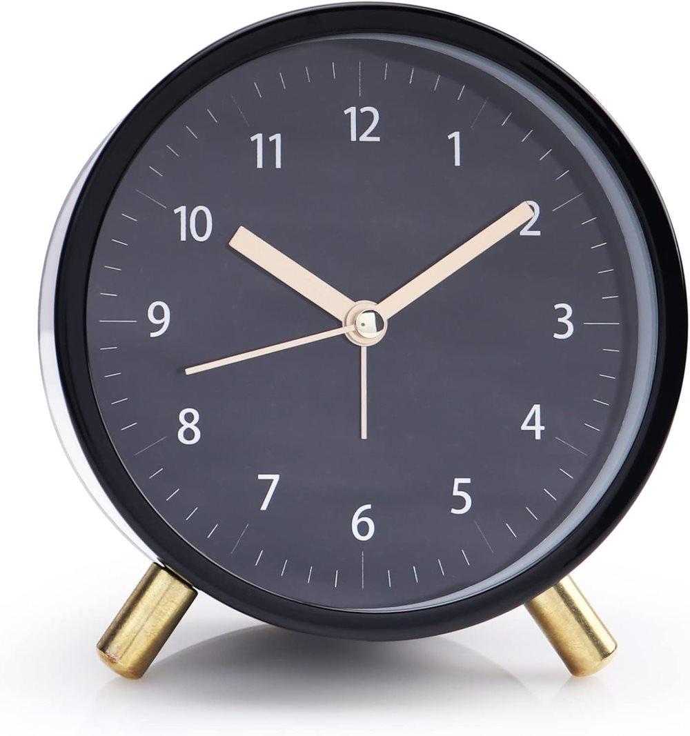 Silent Alarm Clock with Night Light and Backlight, Small Metal Clock for Bedroom Office Living Room, Black — image 2