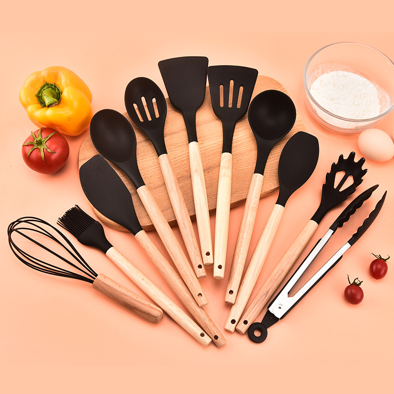 12-Piece Black Heat-Resistant Silicone Cooking Utensils with Wooden Handles and Box - Non-Stick Scratch-Free Kitchen Tool Kit — image 2