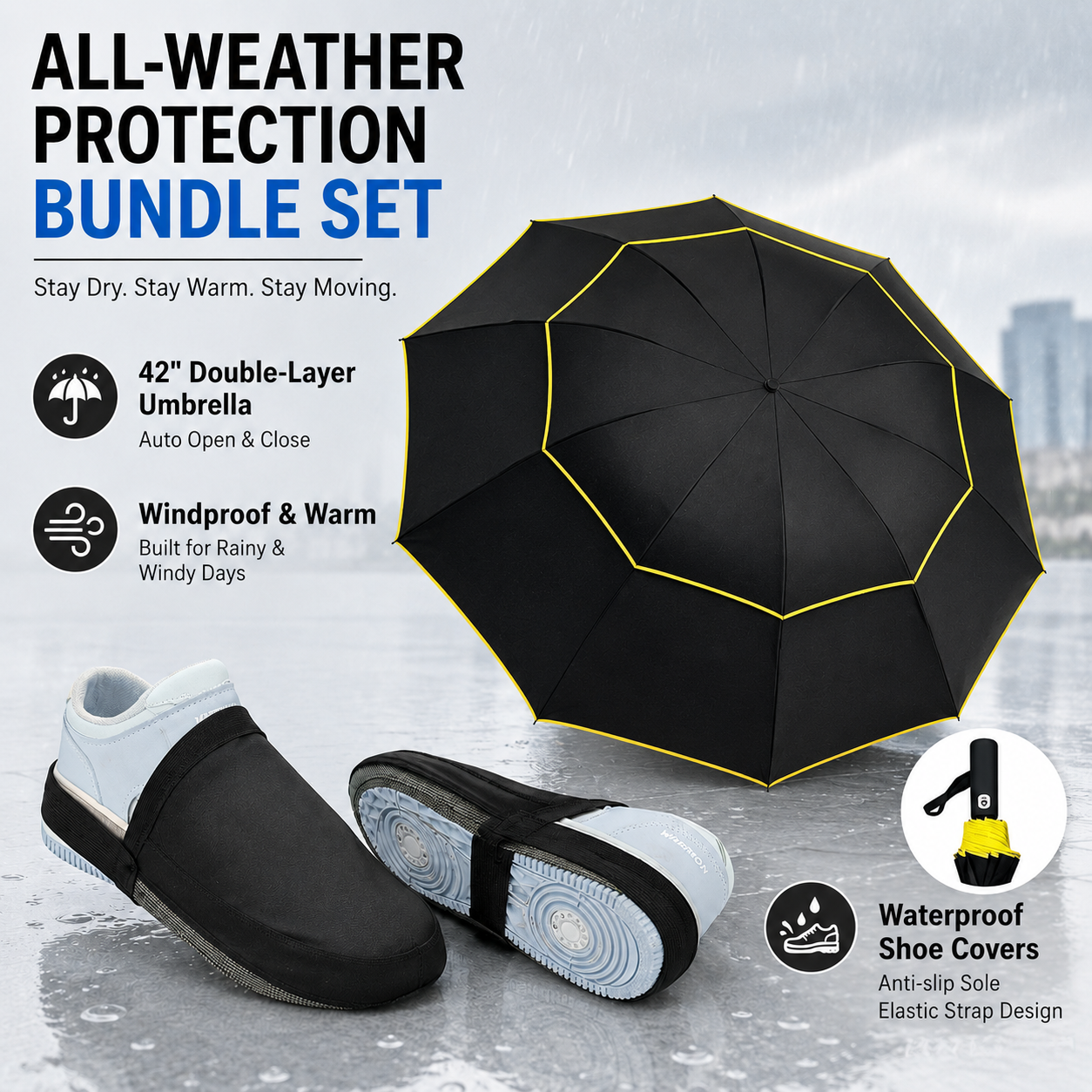 Black Compact 3-Fold Automatic Golf Umbrella (Dia 42 Inch) + Waterproof Thermal Half Shoe Covers (L Size) with Anti Slip Elastic Strap– Windproof & Stainproof