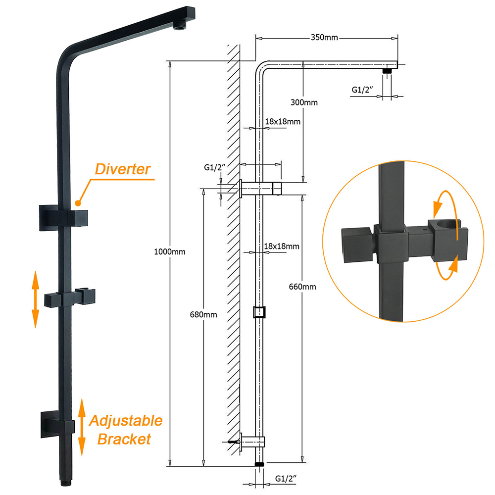 Dual Shower Square Large 12" Rainfall Head 3 Modes Handheld Wall Rail Matt Black โ image 3