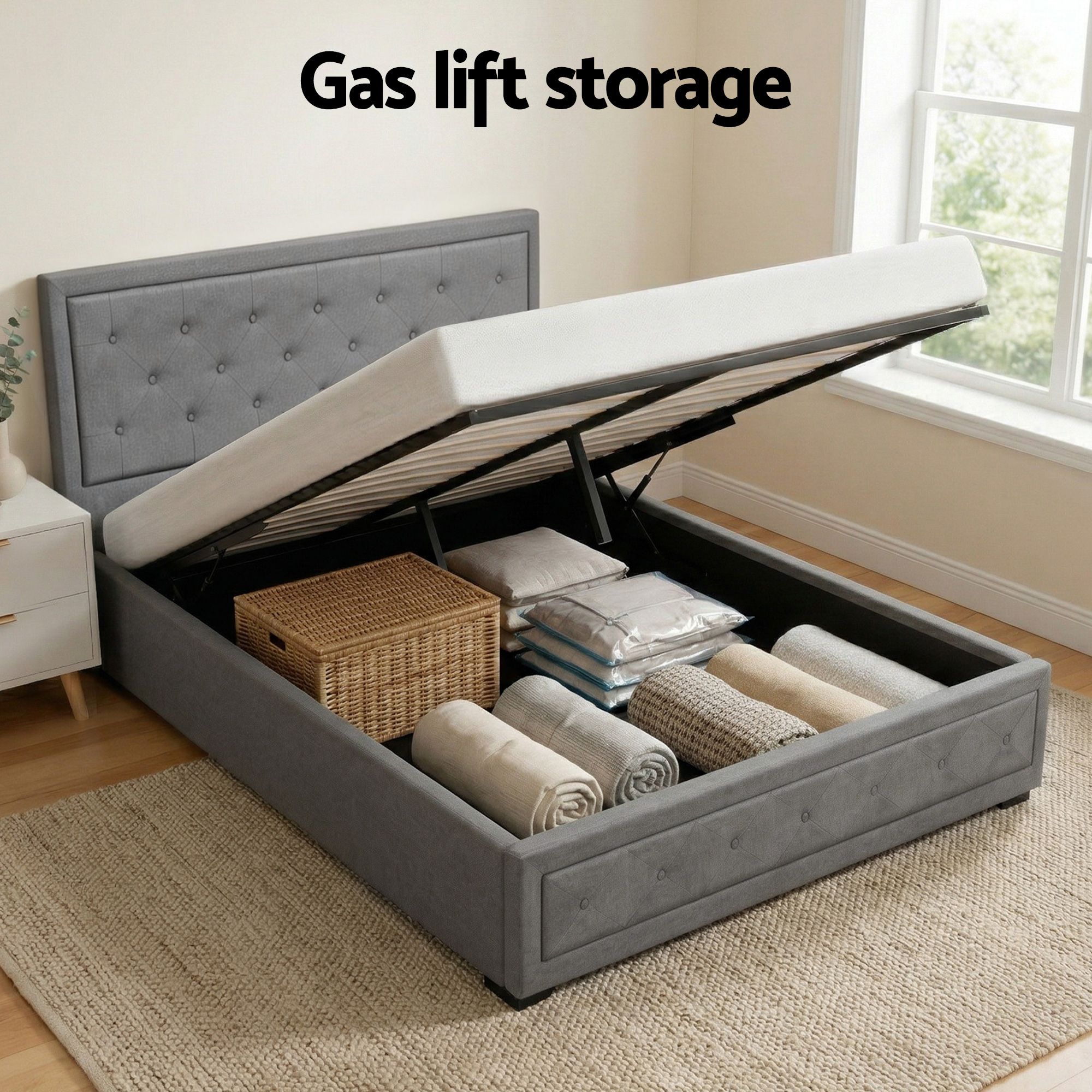 Artiss Upholstered Queen Gas Lift Storage Bed Frame with 2-Drawer Bedside Table Set — image 4