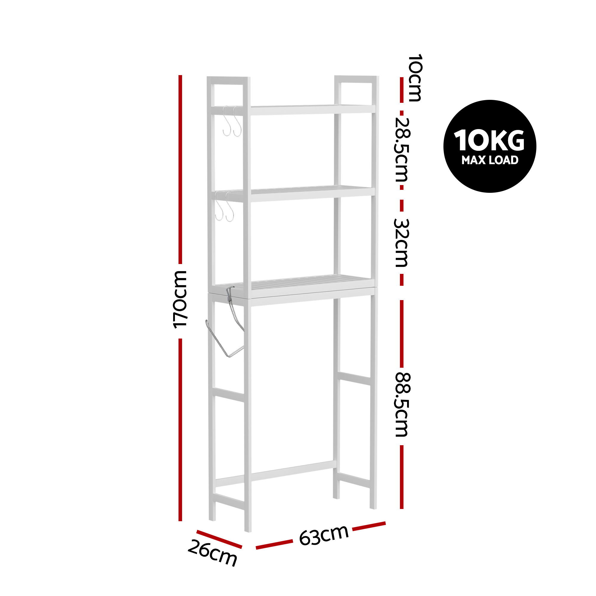 Artiss Over Toilet Storage Bathroom Rack Space Saving 3 Tier Organiser White — image 3