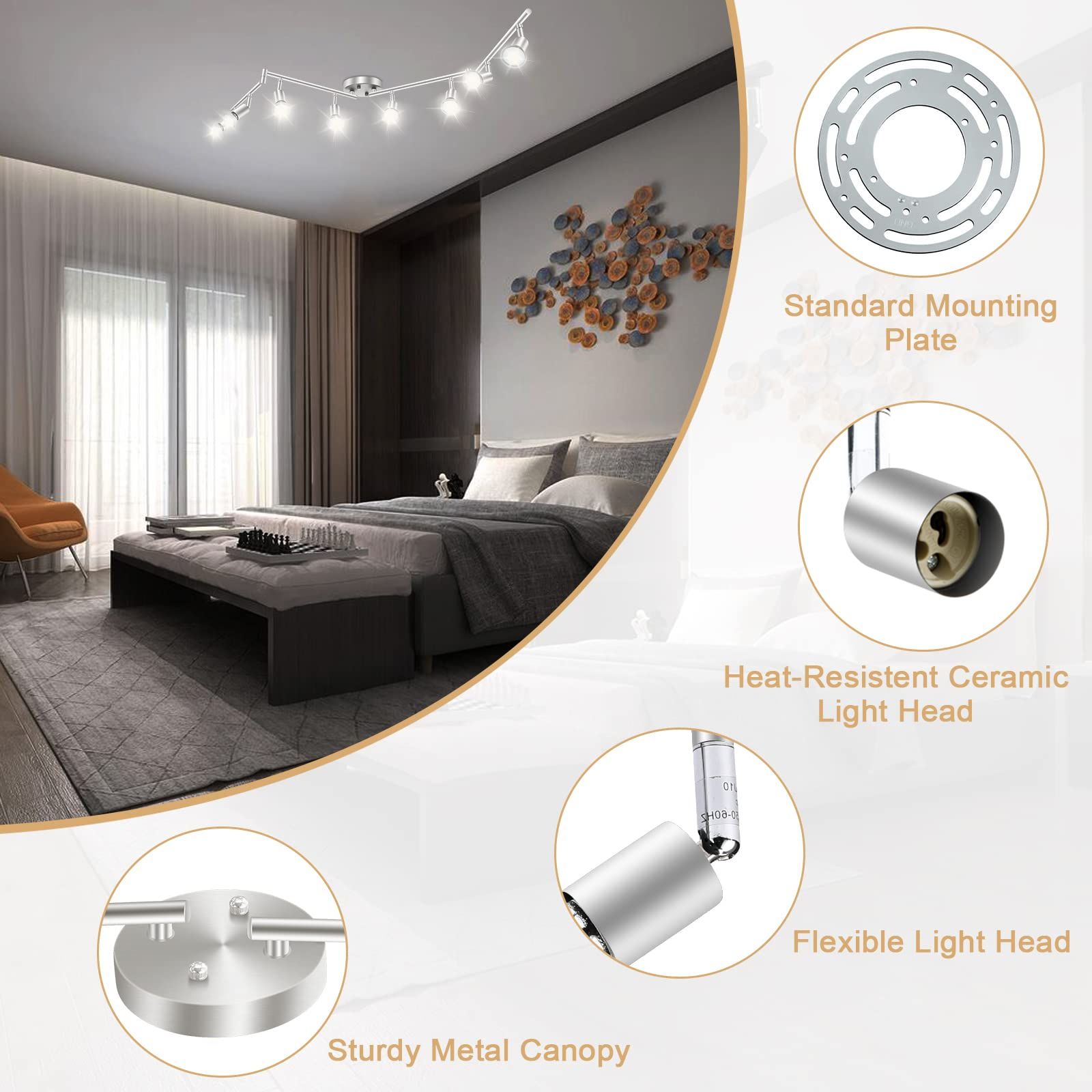 8 Lights LED Track Lighting Kit, Foldable Ceiling Spot Lighting with Flexibly Rotatable Head, Track Light for Kitchen Hallway Room Closet, GU10 Bulbs Not — image 4