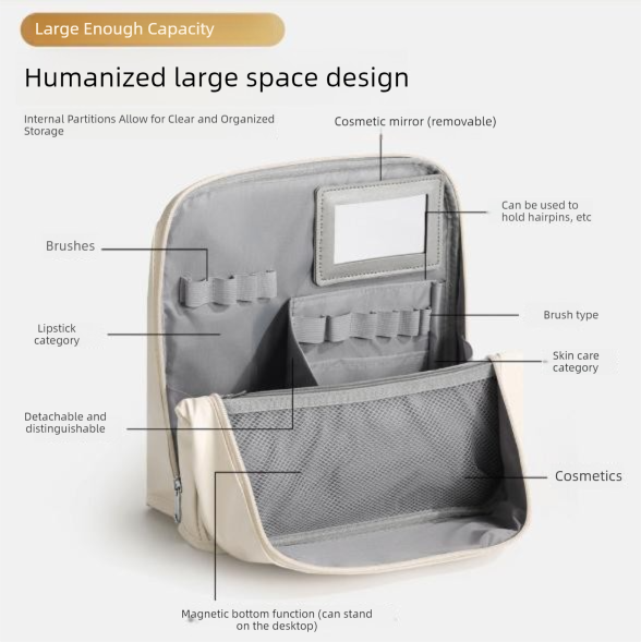 Black Magnetic Compartmentalized Standing Cosmetic Bag – Large Capacity with Mirror, Travel Makeup Organizer (26×10×26 cm) — image 3