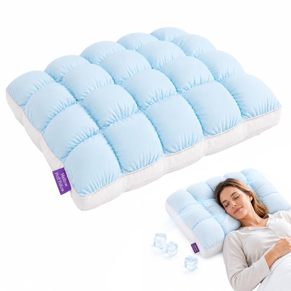 Mellow Puff Cooling Pillow for Sleeping, Fluffy Cloud Pillow with Ice-Silk Touch, Breathable Quilted Grid Design, Machine Washable