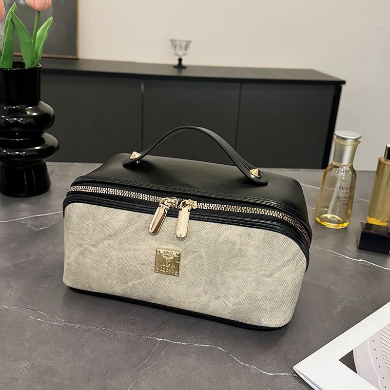 【PU Color-Block Cosmetic Bag】 Leather Handle Metal Zipper, Color-Block Simple Partition, Main Compartment Stores Cosmetics & Toiletries, Lightweight & — image 2