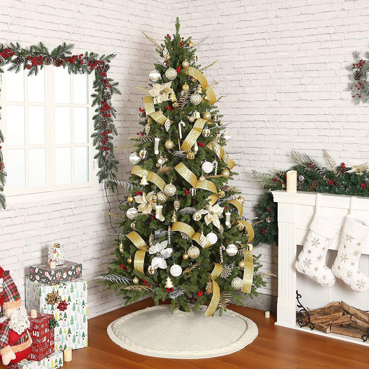 Knitted Christmas Tree Skirt 48 Inch White Round Tree Base Cover with Cable Knit Border Soft Holiday Tree Skirt Rustic Christmas Decor for Home Fireplace Party — image 2