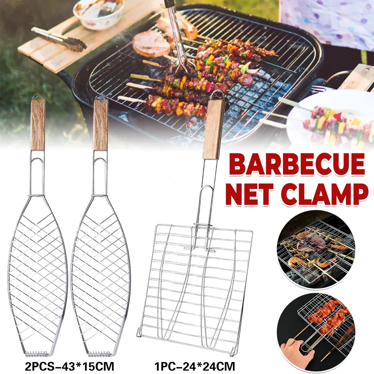 Barbecue Net Clamp Iron Wire Mesh with Wooden Handle for Camping Grill - 43x15cm โ image 2
