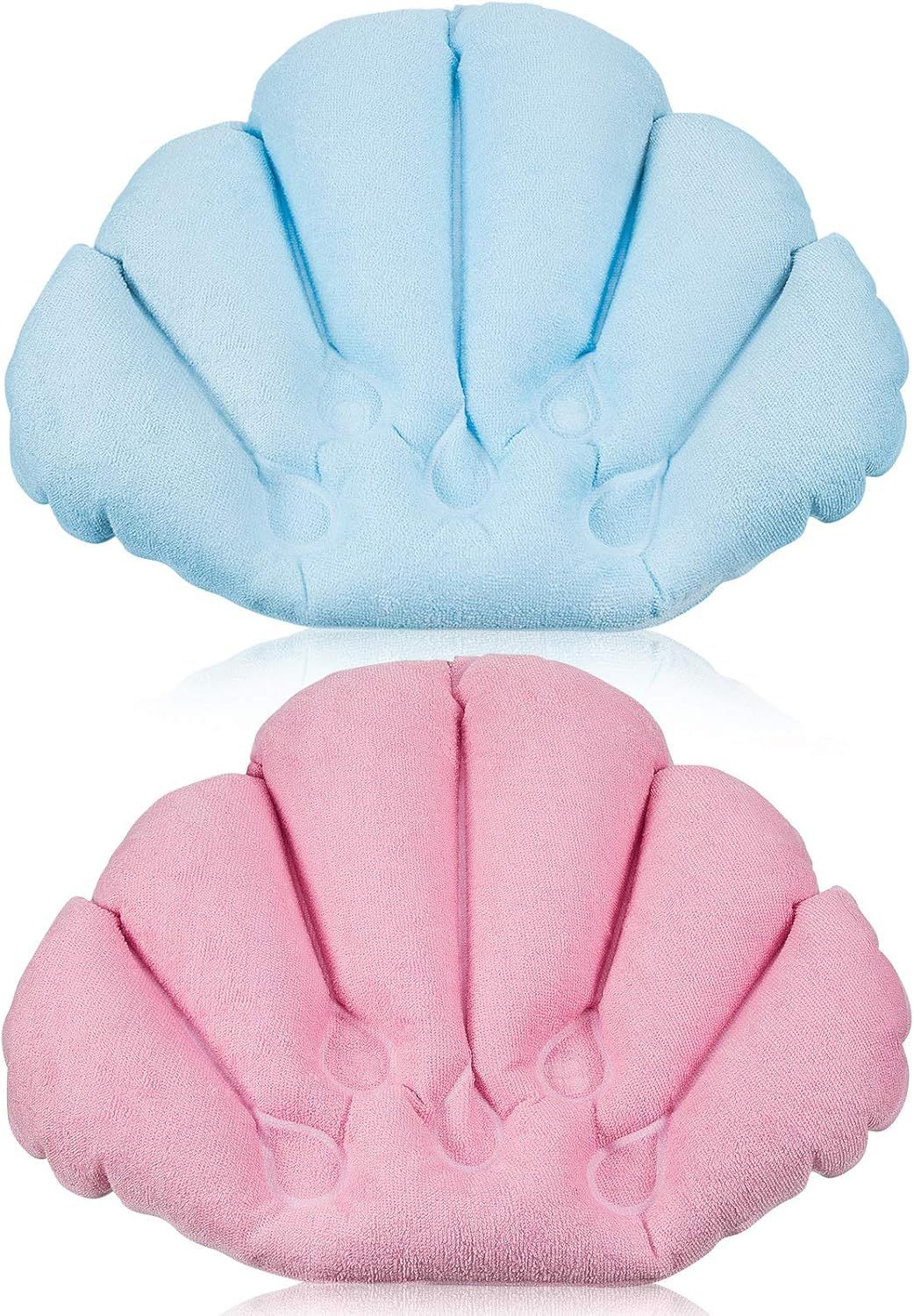 2 Pieces Inlatable Bath Pillow with Suction Cups, Terry Cloth Covered Bath Pillow Shell Shape Bathtub Spa Pillow Comortable Sot Bath Cushion, Neck Support or