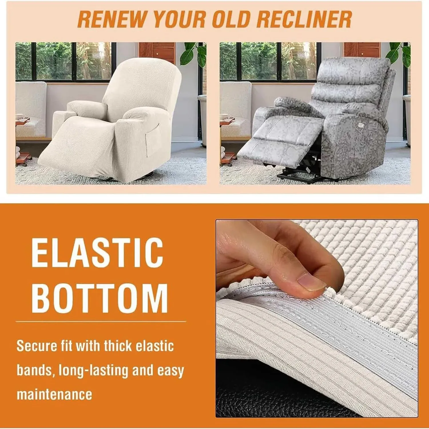 Power Lift Recliner Slipcover, High Stretch Soft Jacquard Fabric with Side Pocket, Fitted Cover for Standard Recliner Chair, Cream, Letter H Option โ image 3