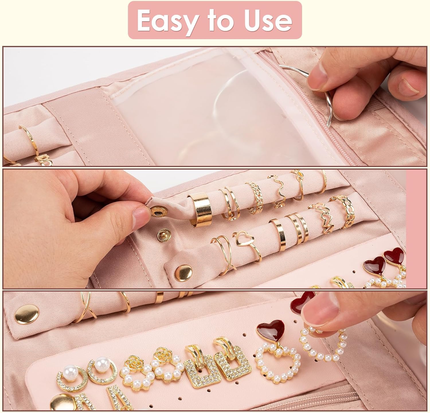 Travel Jewelry Organizer Bag Anti-Tangle Foldable Small Jewelry Roll Travel Case Accessory for Necklaces, Earrings, Rings, Bracelets, Watches, Pink — image 6