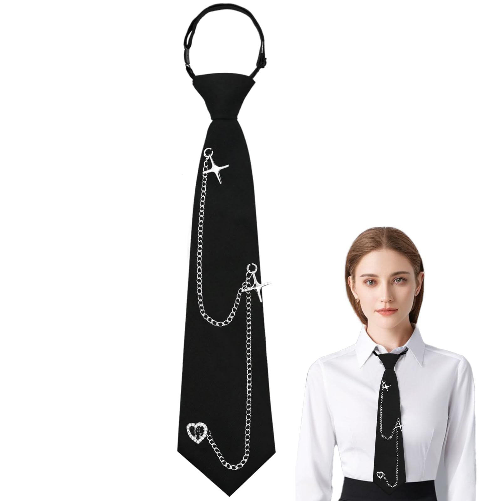 Black Tie for Women Girls Pre-Tied Womens Tie with Metal Chain Accessories Adjustable Necktie for School Shirt โ image 3