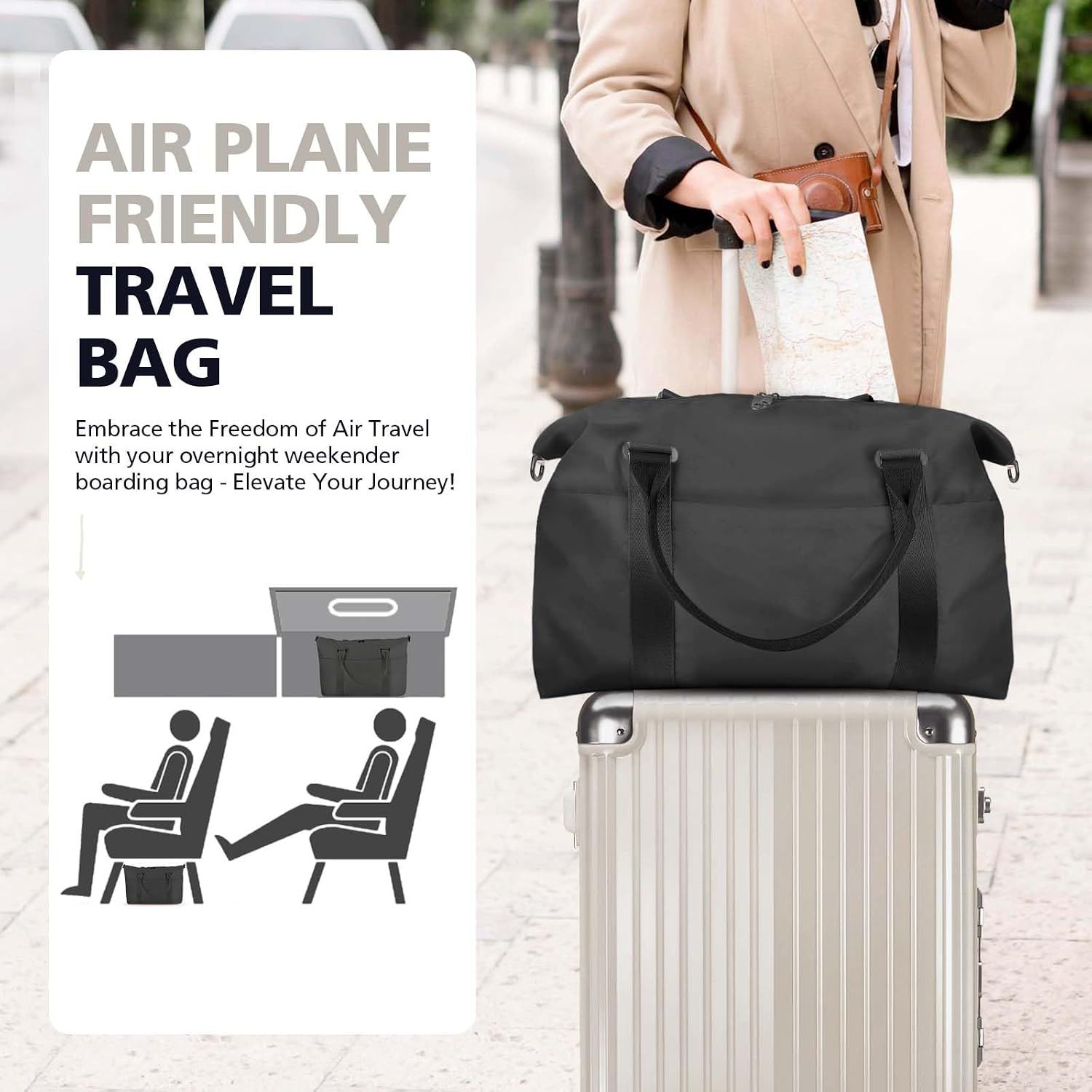 Travel Duffle Bag with Trolley Sleeve, Weekender Overnight and Gym Bag for Carry On Travel, Hospital Stays and Short Trips, Black — image 2
