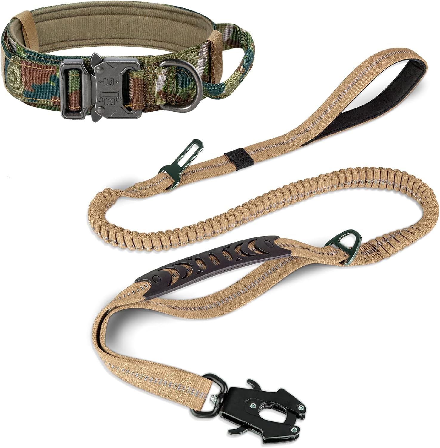 Tactical Dog Collar(17"-21") and Leash Set, Shock Absorbing Bungee Adjustable Strong Collar with Handle for Large Dogs(Camouflage, L)