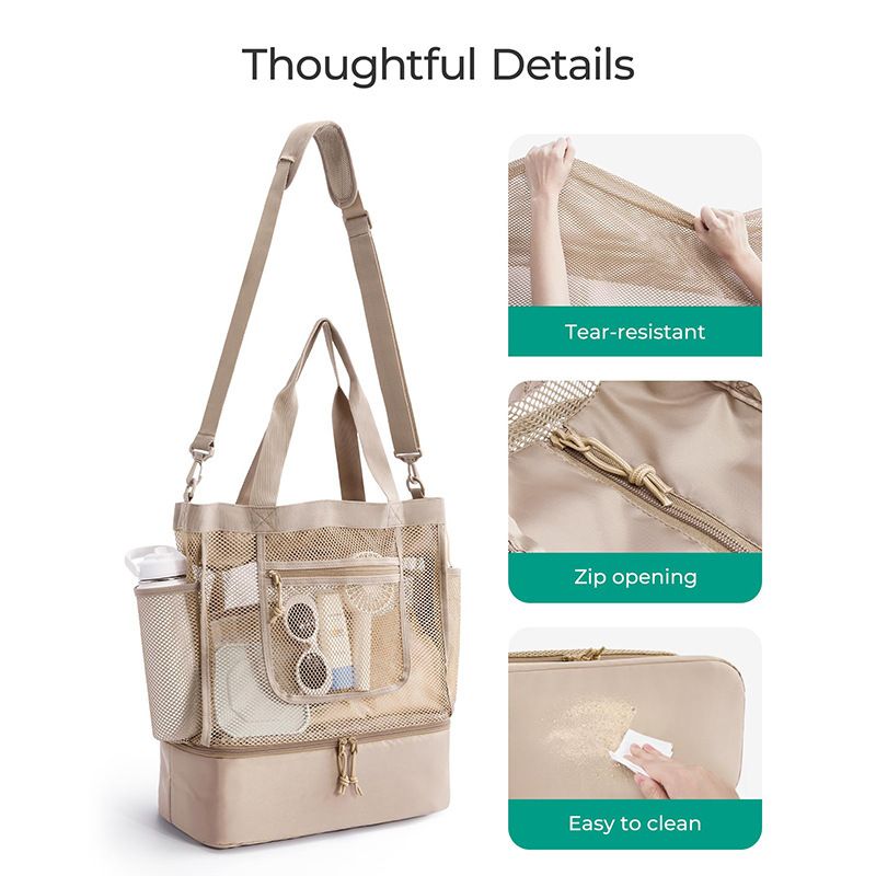 16.5 x 7.9 x 18.9" Beige Beach Travel Mesh Tote Bag with 14L Insulated Drink Compartment - Multi Pockets Sandproof Beach Picnic Bag with Picnic Mat Strap, Cup — image 3