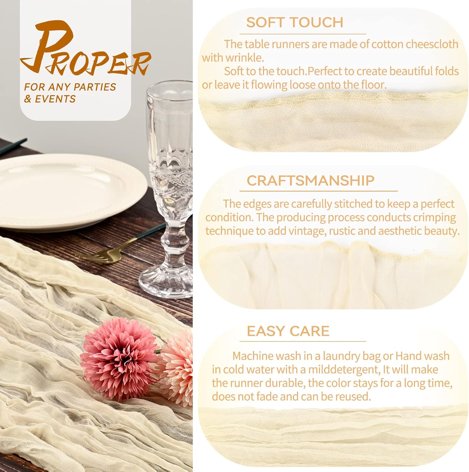 5 Packs 10Ft Ivory Cheesecloth Table Runner, 35" x 120" Rustic Gauze Boho Wedding Table Runner Decorations — image 3