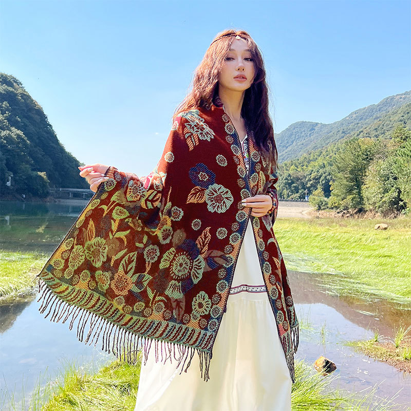 Style 5 Women's Ethnic Faux Cashmere Shawl Wrap - Jacquard Pattern Tassel Scarf (Ink Rain and Flowers) — image 2