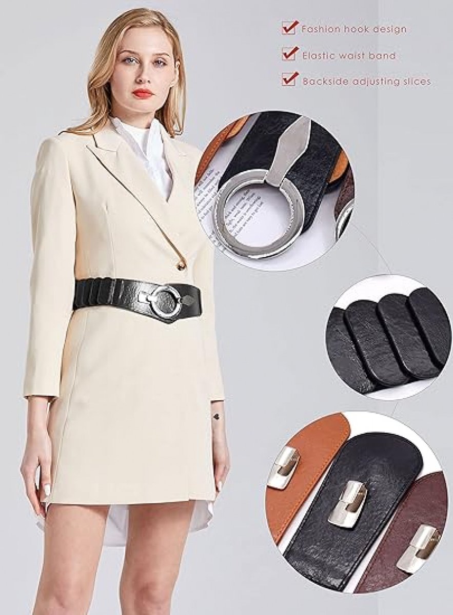 Wide Women's Belt - Waistband - Belt - Elastic Cinch Belt - Black - Leather - Double Ring Buckle - Dress Accessory - Fashion Crochet Belt - Length: 80-95 cm — image 3