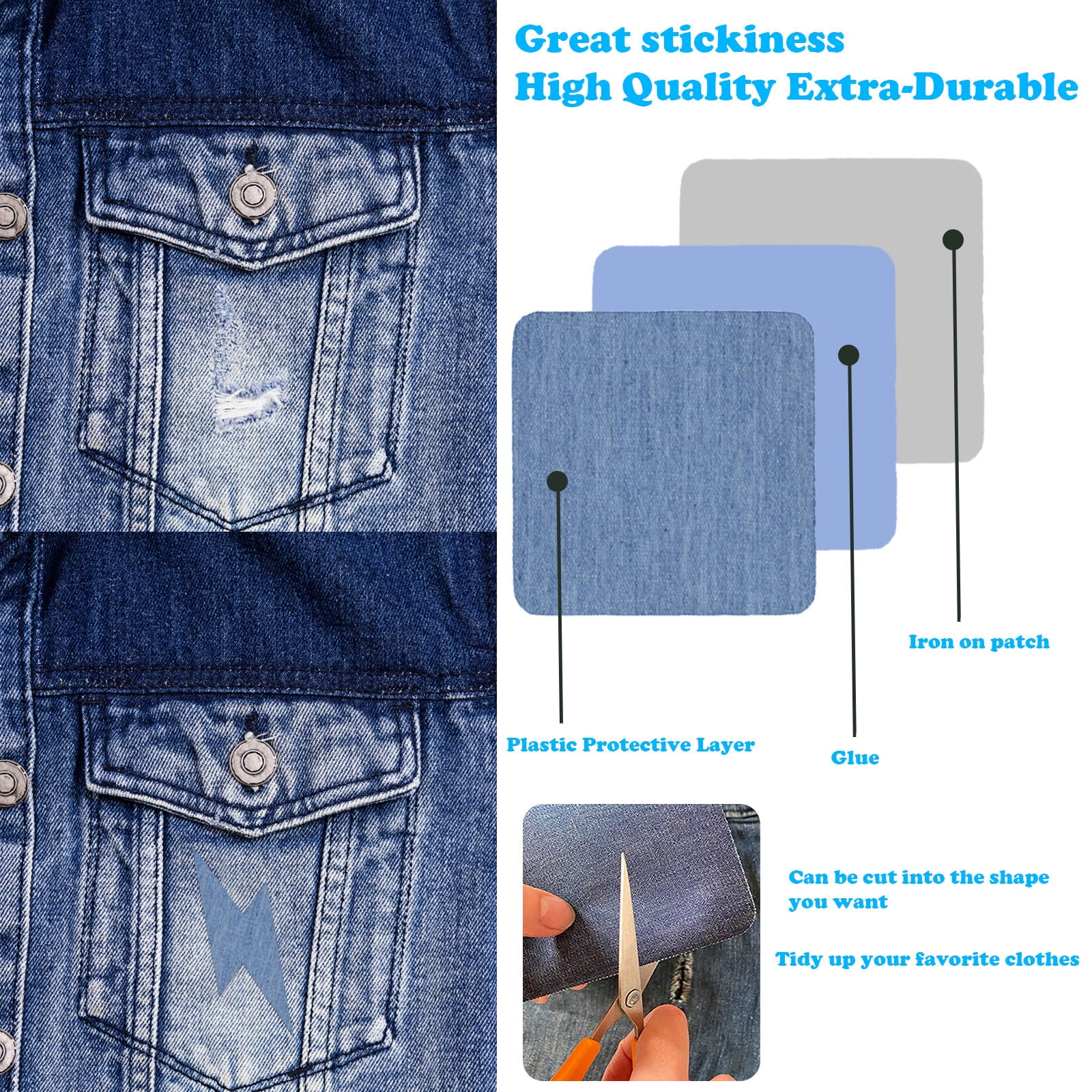5 Pack Iron On Denim Repair Patches, Cotton Fabric Patches for Jeans Knees Pants Clothing Repair and Decoration, Blue Assorted — image 4