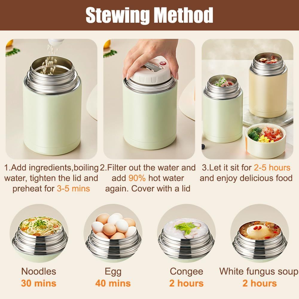 Green 800ml Stainless Steel Thermal Stew Jar Portable Insulated Lunch Pot with Handle – Vacuum Insulated Soup Container(Foldable model) — image 5