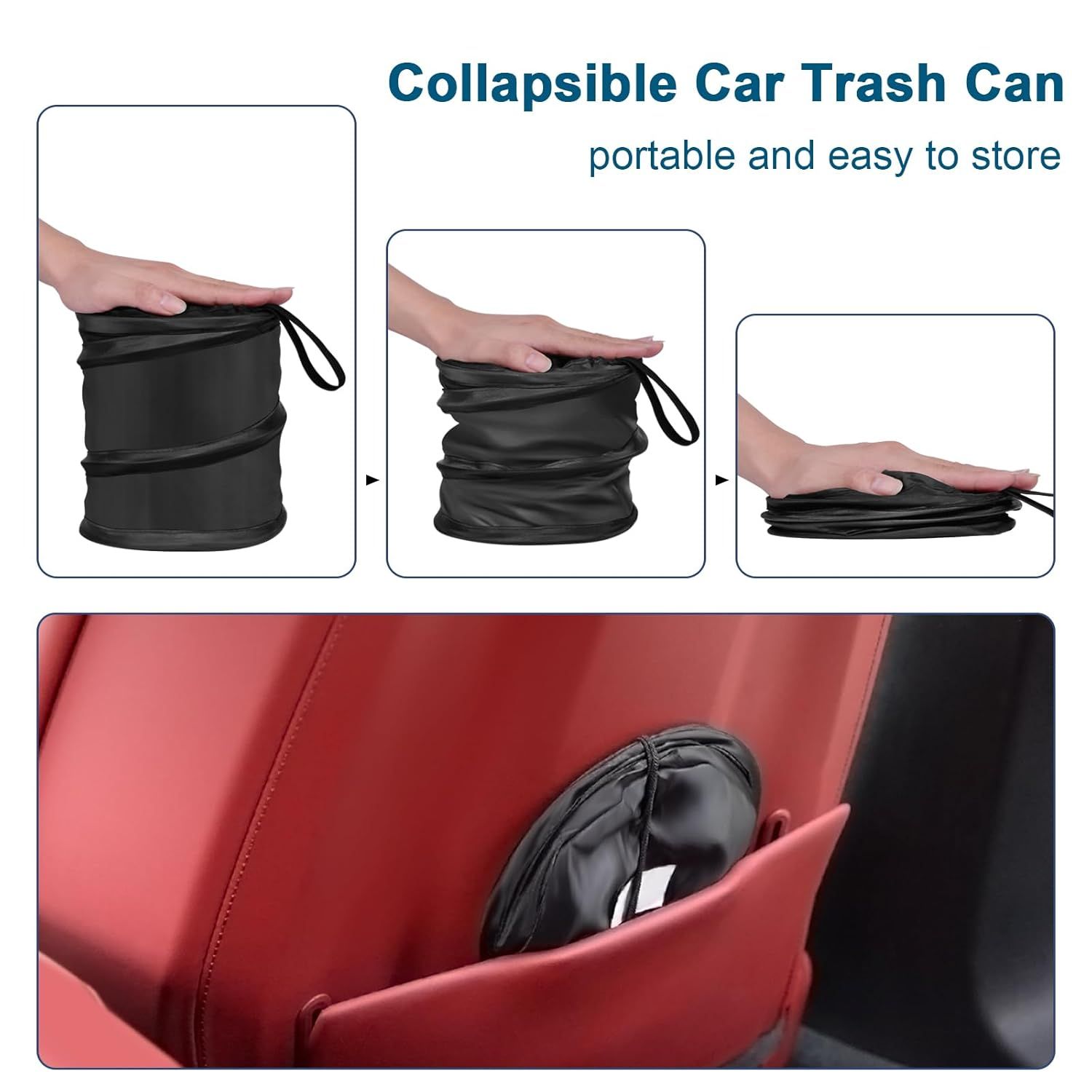 Car Trash Can, 2 Packs Mini Collapsible Pop-up Car Garbage Can, Waterproof Hanging Car Trash Bag with Velcro, Car Trash Bin, Black — image 2