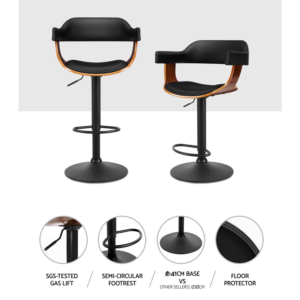 Artiss Bar Stools Gas Lift Leather w/Armrest All Black — image 4