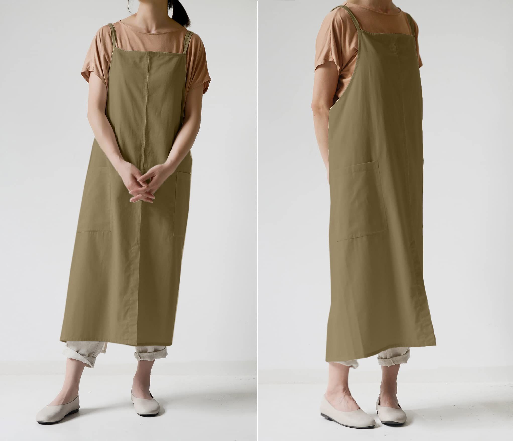 cotton and linen work apron baking flower shop painting nail art milk tea shop barista adjustable shoulder strap(khaki green) — image 5