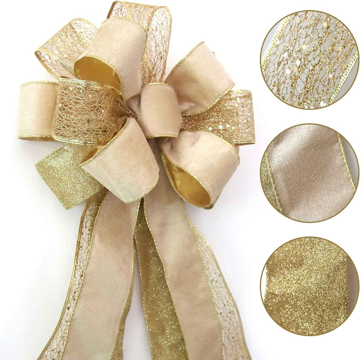 Christmas Tree Topper Bow, 43 × 13 Inches Large Toppers Bows for Christmas Tree, Glitter Satin Mesh Streamer and Wired Edge, Xmas Ornament Treetop Hanging — image 4