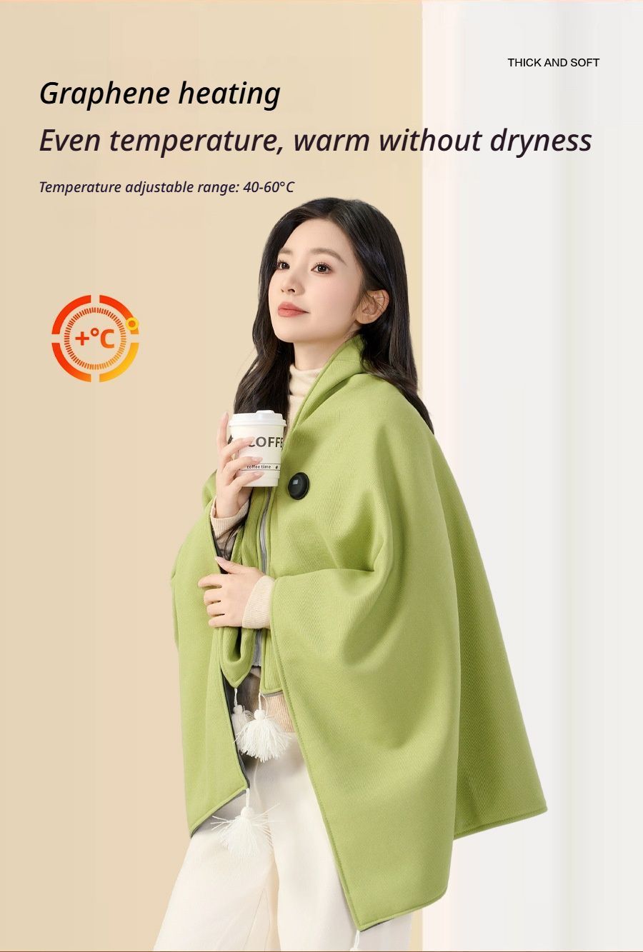 USB Washable Heated Shawl-No Power Bank Included-Green — image 2