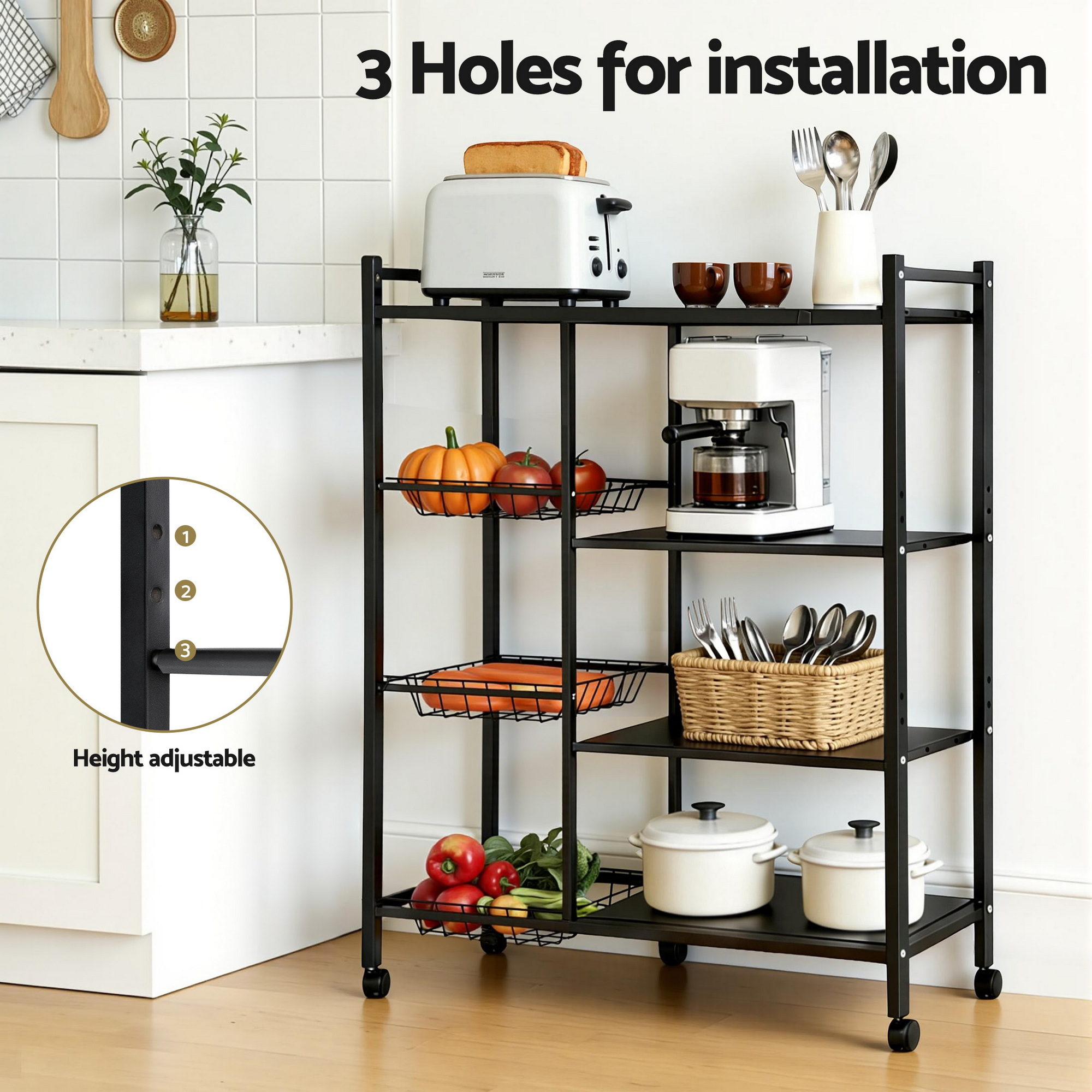 Artiss 4-Tier Kitchen Rack Microwave Bakers Storage Shelf with 3 Baskets Wheels — image 6