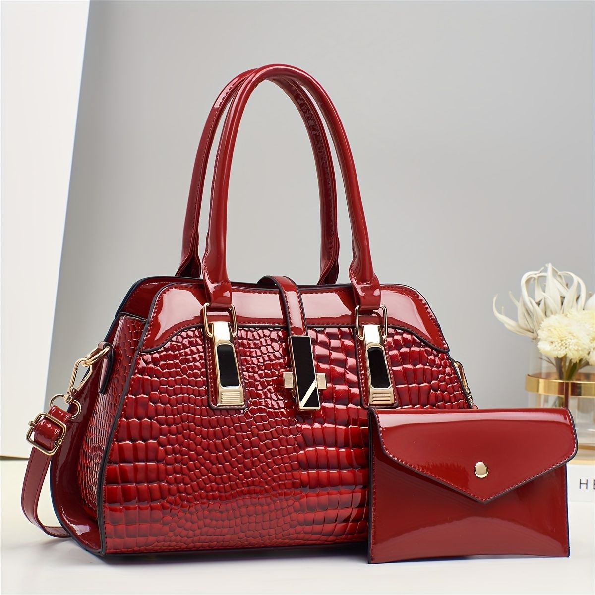 Blue Women'S Handbag Croc-Embossed Handbag Patent Leather Handbag Women'S - Blue - Size 29-13-21 — image 5
