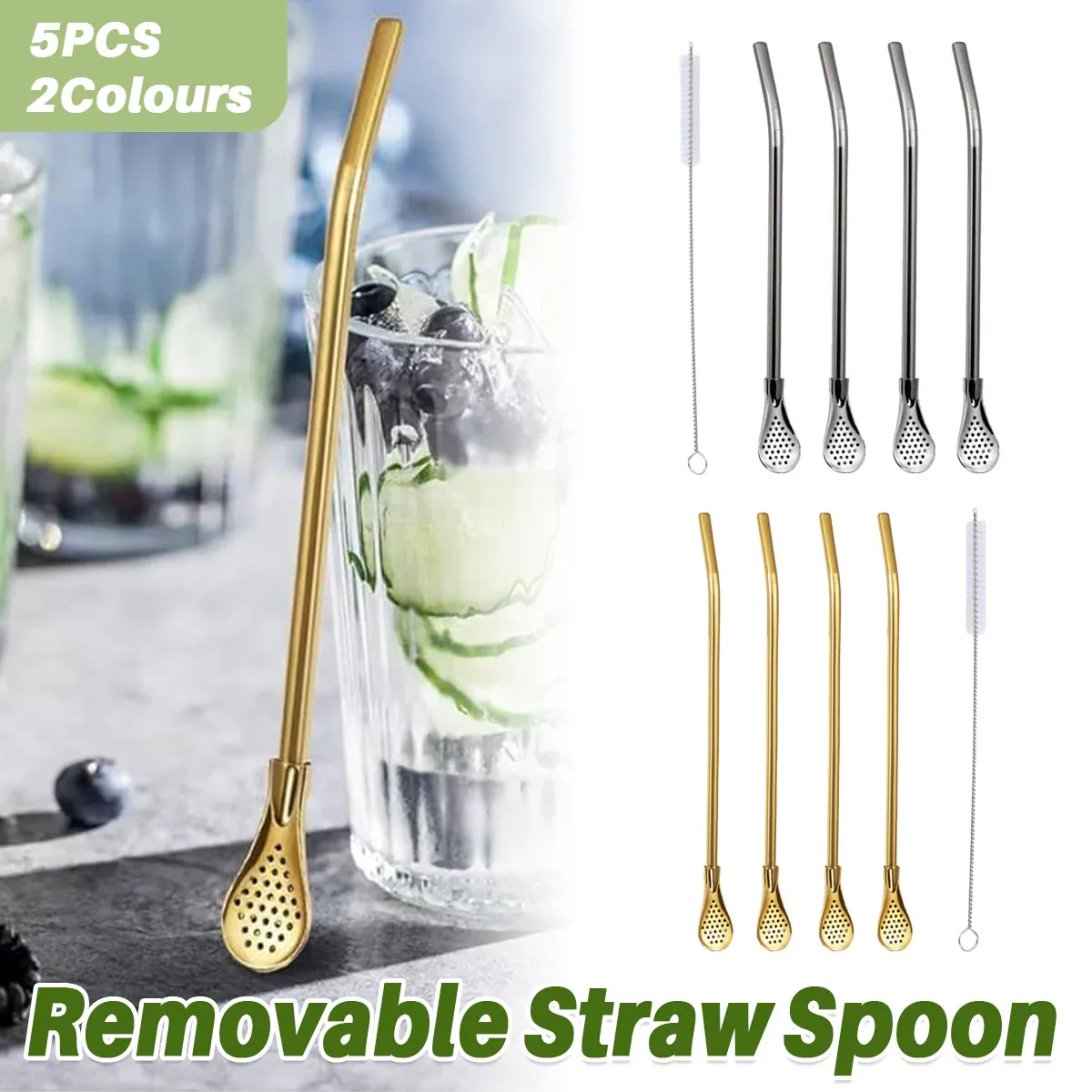 5pcs Stainless Steel Straw Spoon Removable Filter Reusable Tea Juice Stirrer - Gold โ image 2