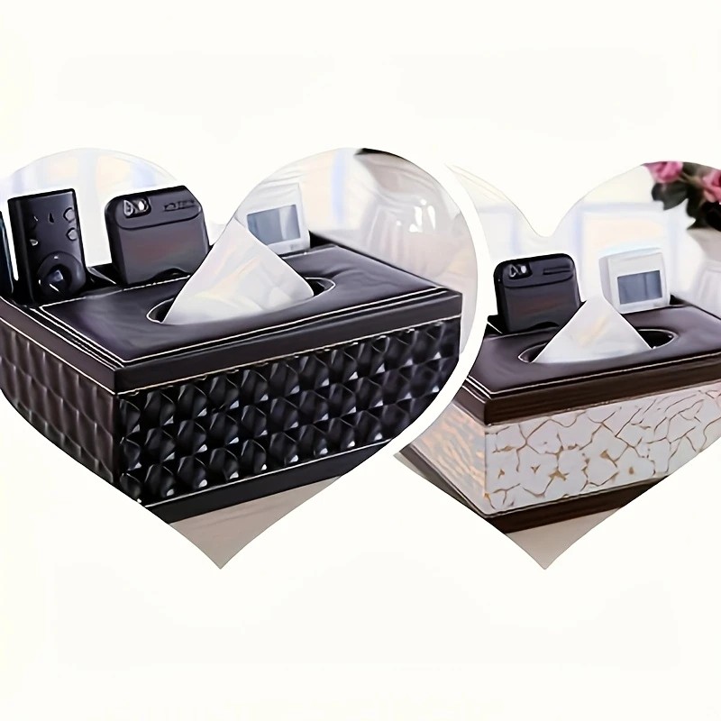White gold Multi-Function Leather Tissue Box, Wooden Frame with Compartment Storage, Anti-Slip and Stable, Living Room and Office Desktop Organizer โ image 2