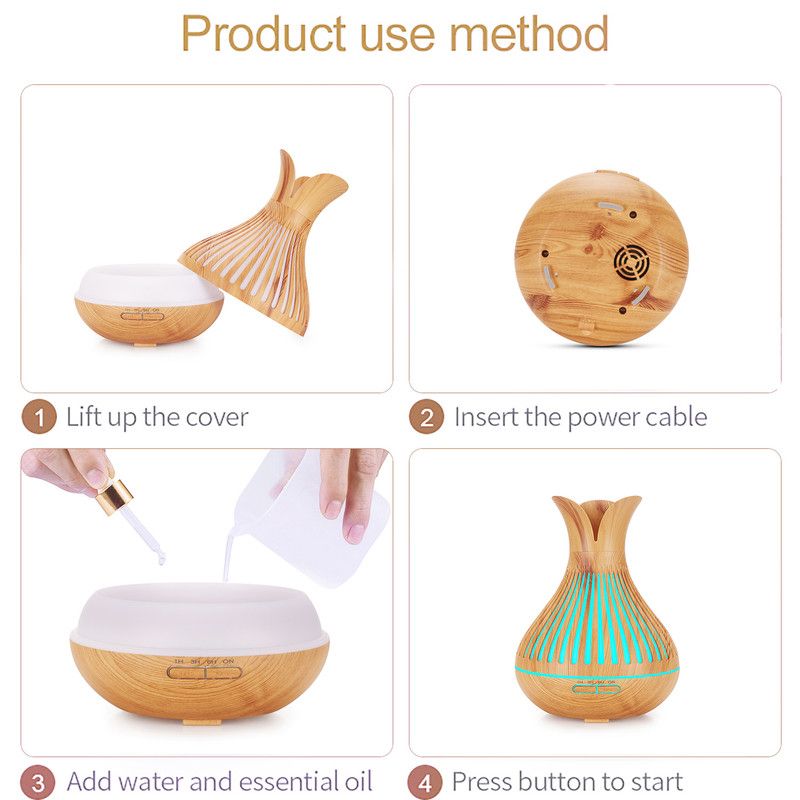 Wood Grain Flower Vase Diffuser and Humidifier, 7-Color LED Light, Timer, and Remote Control, 500 mL Ultrasonic Aroma Diffuser—Light Wood — image 2