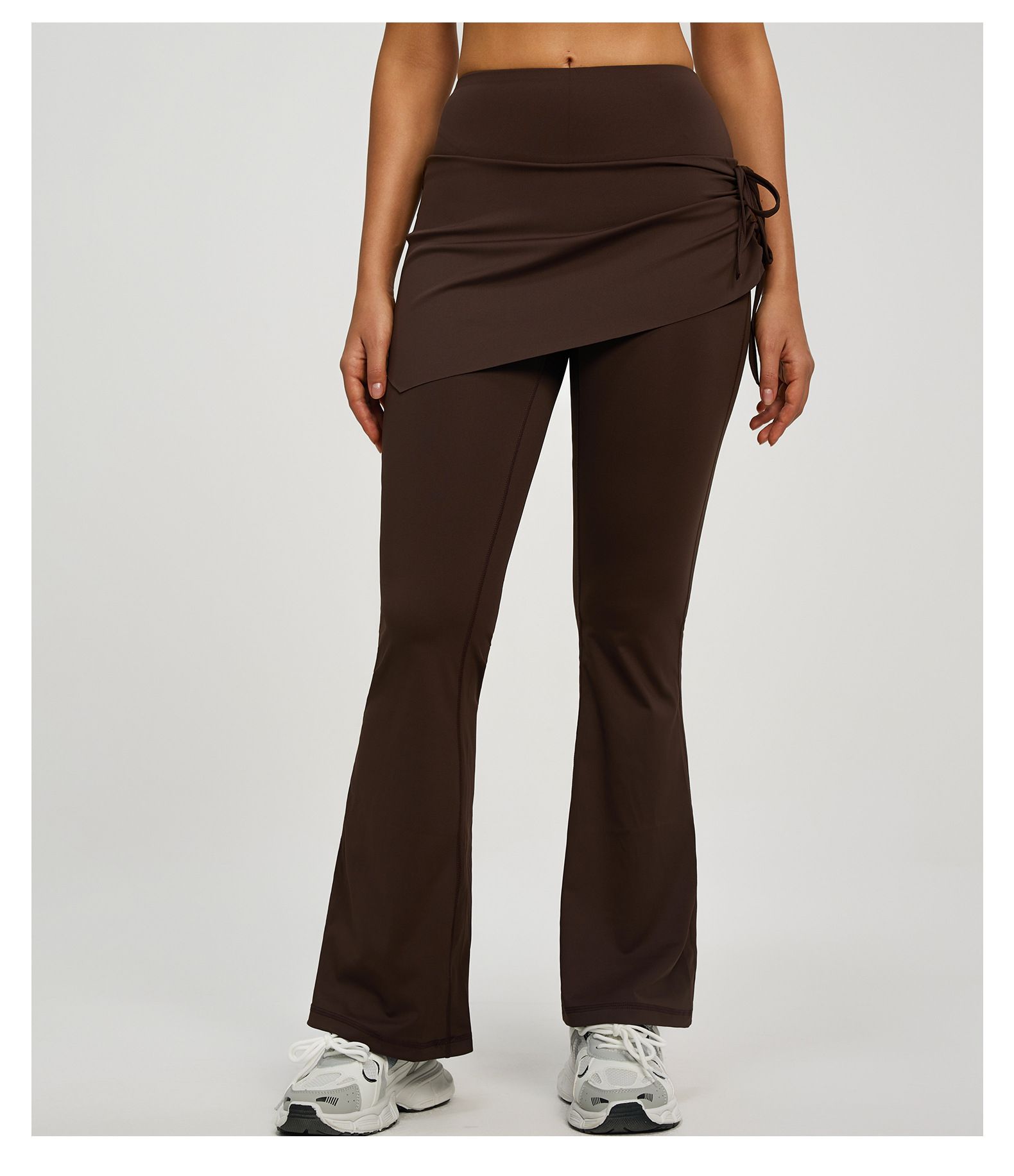 Women's High Waist Skirted Flare Yoga Pants with Adjustable Ruched Drawstring (M size)- Coffee brown Faux Two Piece Bootcut Leggings for Pilates, Gym — image 5
